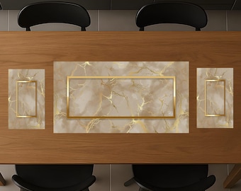 Marble Effect Centerpiece Set with Golden Veins – Consisting of 80 x 40 cm Runner + 2 30 x 40 cm Placemats, 7 Colors