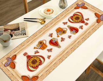 Table Runner 140 x 50 cm Hot Air Balloon Print with Sunflowers and Butterflies – 100% Polyester Hot Air Balloon Line