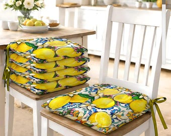 Juego de 6 cojines para silla con lazos, 40 x 40 cm – Estampado de limón y mayólica – Amarillo | Línea Limón
