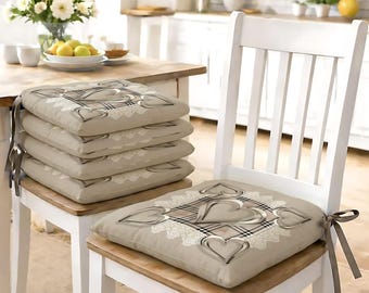 6er-Set Stuhlkissen mit Herzmuster, 40 x 40 cm, mit Schnürung – 100 % Polyester – Beige, Grau und Rosa – 6er-Set