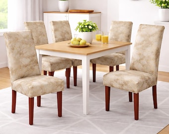 Set of 6 Elastic Chair Covers with Marble Effect and Gold Veins – Digital Print, Machine Washable