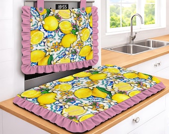 Lemon Line Oven Cover + Hob Cover Set – Decorative Frill | 100% Polyester | 5 Colors