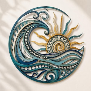 May include: A circular wall art piece depicting a stylized ocean scene. The design features a large wave in shades of blue and teal, with a sun in the center. The sun has golden rays and a detailed, patterned center. The artwork is layered and has a three-dimensional effect.