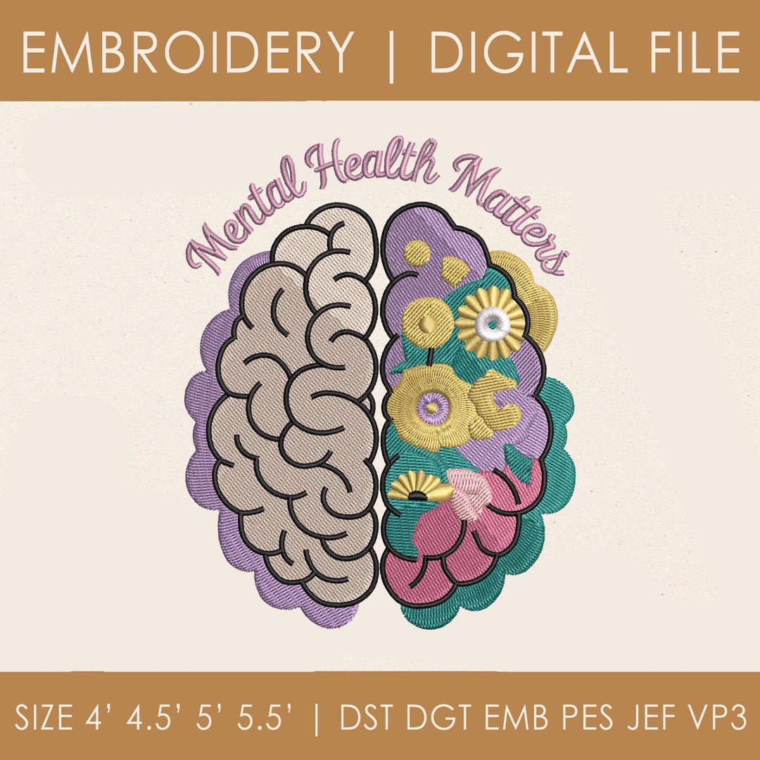 Floral Brain Embroidery Design: Mental Health Matters Quote (digital ...