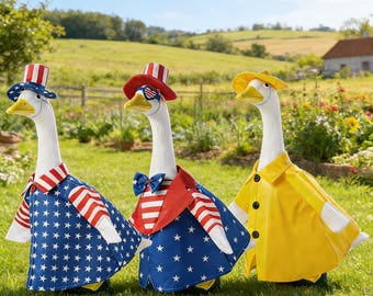 Ropa de ganso para porche, impermeable amarillo para jardín, conjunto de ganso con la bandera estadounidense, juego de sombrero, ropa decorativa de ganso para césped exterior de 23 pulgadas.