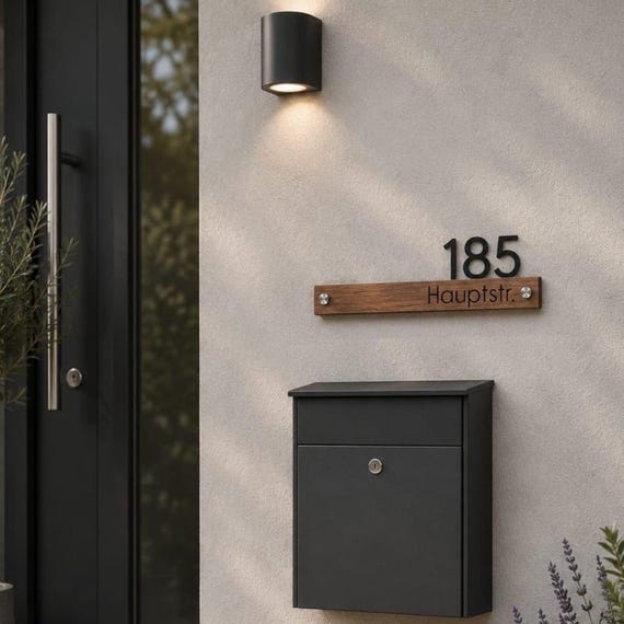Moderne Hausnummer mit Straßenname - HN2 | Hausnummer Schild | Adressschild | Haustür Nummer 3D | einfache Montage Abstandshalter