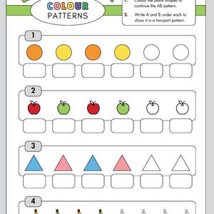 Peut inclure: Une feuille de travail de mathématiques pour enfants avec des motifs de couleurs. Le titre "What Comes Next?" est dans un ovale vert. La feuille de travail comprend des exemples de motifs avec des cercles, des pommes, des triangles et des bananes.