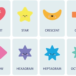 May include: A set of eight cards featuring colorful, smiling geometric shapes: a red heart, yellow star, orange crescent, orange cross, pink arrow, purple hexagram, blue heptagram, and green octagram. Each card has the shape's name below it.