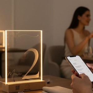 Personalized LED Table Number with QR Code Menu – Illuminated Plexiglass Sign – Restaurant, Wedding, Event Decoration