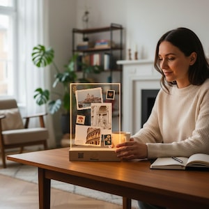 Luminária personalizada com foto e código QR para vídeo – Lembrança iluminada por LED – Presente para viagens, casais ou famílias – Placa de acrílico para foto e vídeo