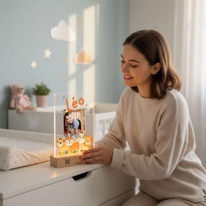 Può includere: Una cornice fotografica personalizzata in acrilico con base in legno. La cornice presenta una foto di un bambino, il nome "Léo" in arancione e illustrazioni di animali dei cartoni animati. La cornice è illuminata da una luce calda, creando un'atmosfera accogliente.