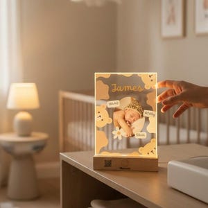Lampada da notte personalizzata per neonati con foto e codice QR – Regalo di nascita unico – Luce notturna ricordo per neonati (nome, ora, peso, altezza)
