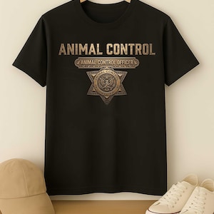 May include: Black t-shirt with the words "ANIMAL CONTROL" in a distressed gold font. Below the text is a gold badge that reads "ANIMAL CONTROL OFFICER". A tan baseball cap and white sneakers are visible in the image.
