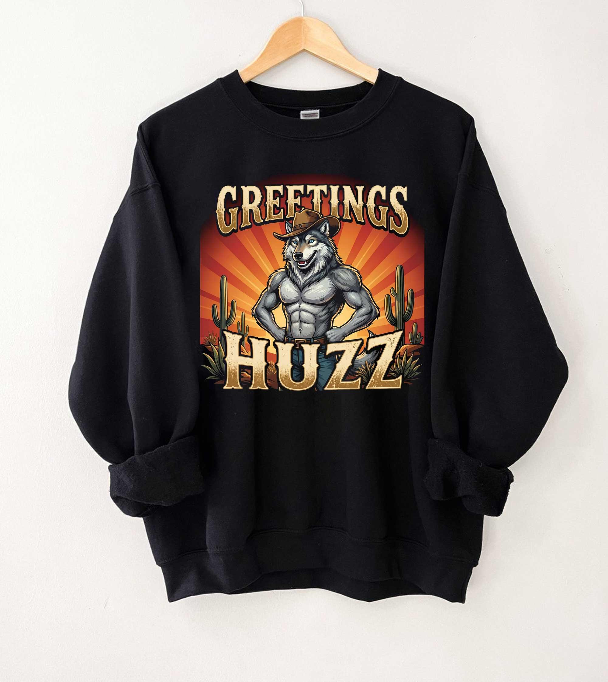 Retro Greetings Huzz Alpha Wolf Meme Shirt - Funny Werewolf Cowboy Tee ...