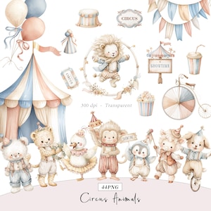 Könnte beinhalten: Aquarellillustration von Zirkustieren, darunter ein Löwe, ein Affe, ein Pinguin und ein Bär, mit einem Zirkuszelt, Luftballons und Popcorn. Das Bild hat eine weiche Pastellfarbpalette und den Text "Circus Animals".