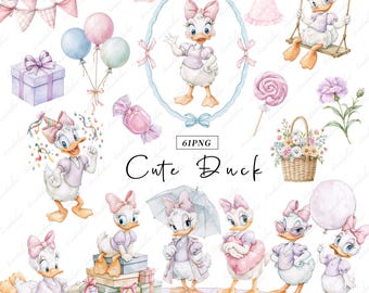 Op de afbeelding: Een digitale collectie van aquarelillustraties met een wit eendpersonage dat roze strikken en outfits draagt, vergezeld door feestelementen zoals ballonnen, een cadeau, een mand met bloemen, een lolly en een schommel, met de tekst Cute Duck.