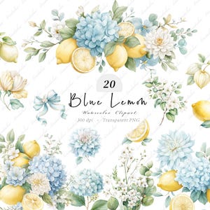 Puede incluir: Ilustración de acuarela con limones, hortensias azules, flores blancas y follaje verde. La imagen incluye limones enteros y en rodajas, con un lazo azul claro. Texto: "20 Blue Lemon Watercolor Clipart."