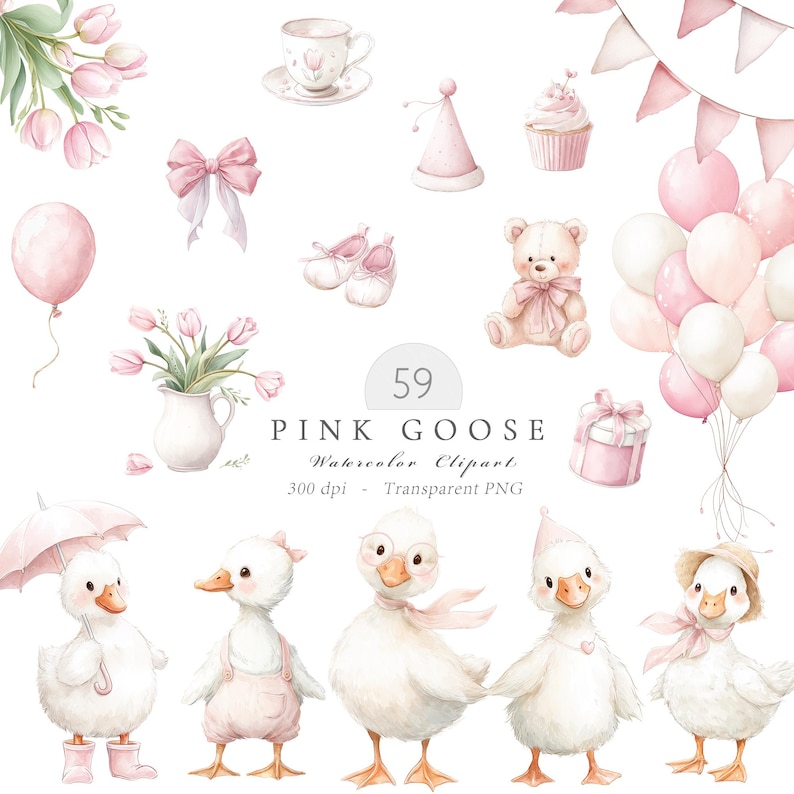 Watercolor Girly Goose Clipart, Pink Silly Goose PNG, Boho Baby Shower ...