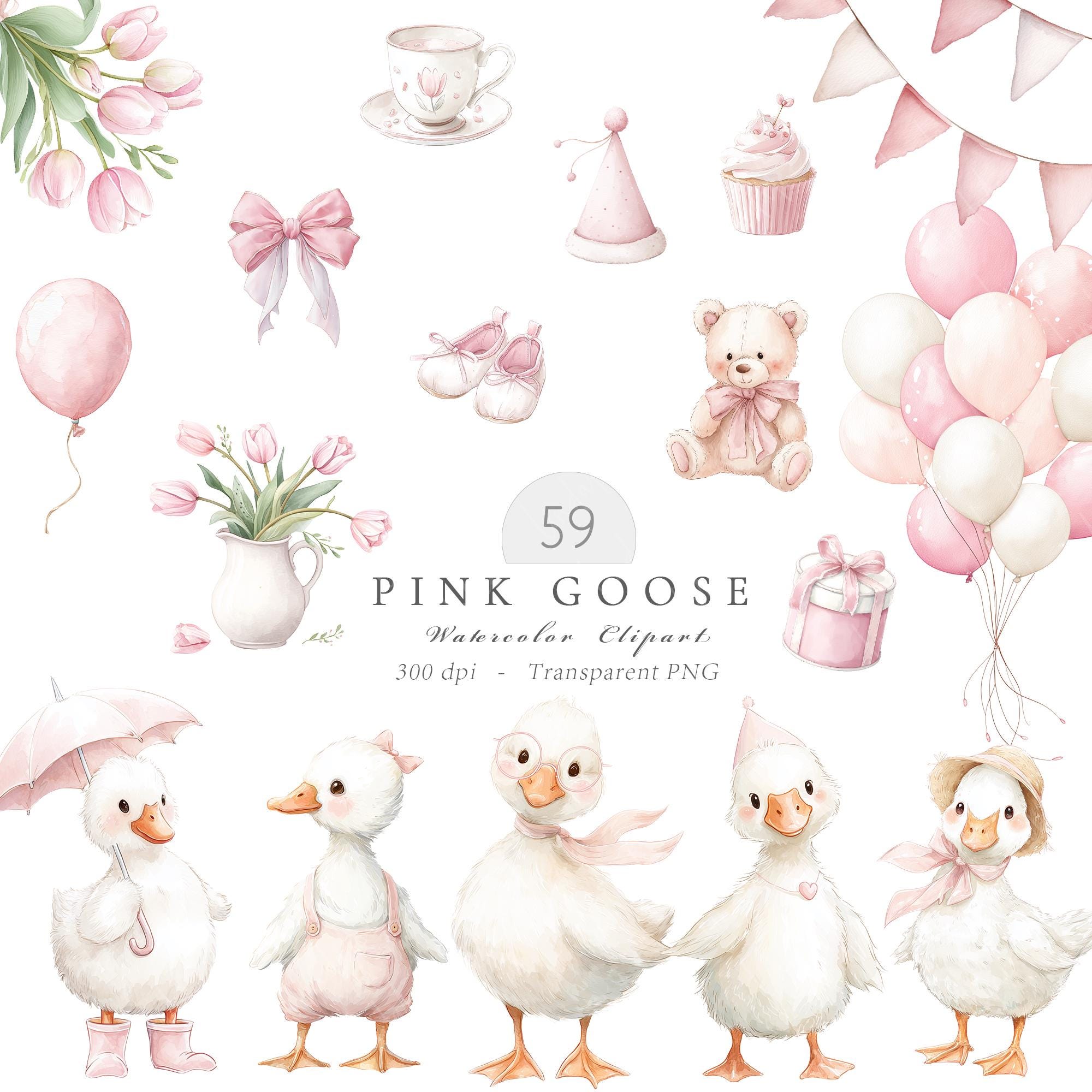 Watercolor Girly Goose Clipart, Pink Silly Goose PNG, Boho Baby Shower ...