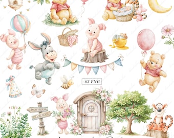May include: A collection of watercolor illustrations featuring Winnie the Pooh characters. The image includes Pooh, Piglet, Tigger, Eeyore, and other elements like honey pots, balloons, and a wooden door. The text "Winnie the Pooh" is at the bottom.