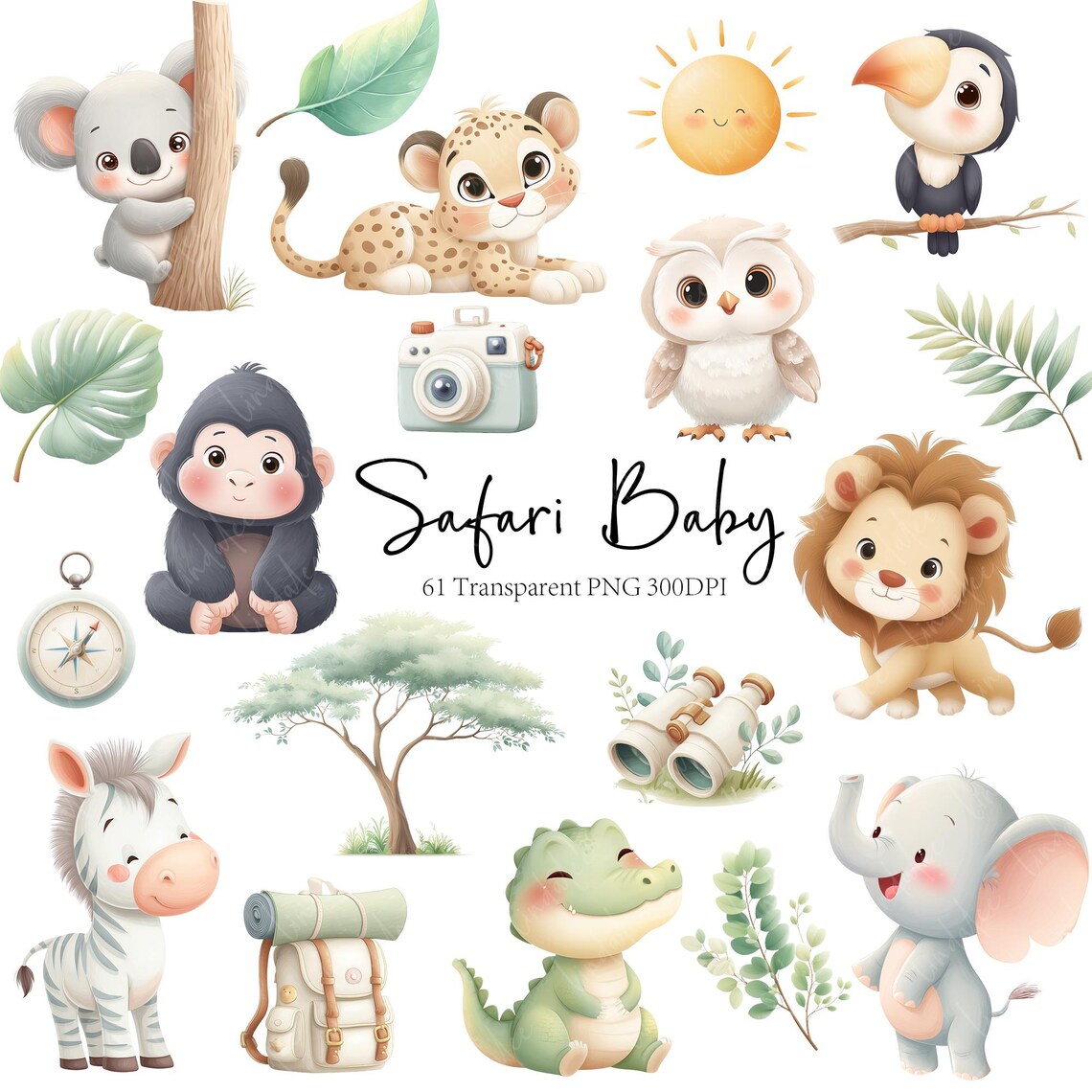 Safari Animals Clipart Baby Jungle PNG Nursery Set, Cute Baby Safari ...