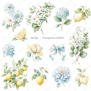 Blue Lemon Watercolor Clipart Bundle, Citrus Wedding Clipart ...