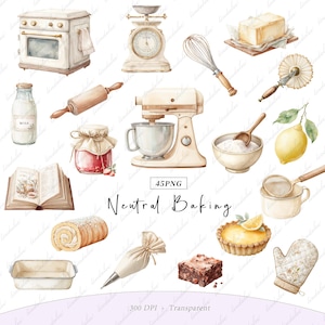 Pode incluir: Uma coleção de ilustrações em aquarela de confeitaria, incluindo um forno cor de creme, balança de cozinha, batedor, rolo de massa, batedeira, garrafa de leite, pote de geleia, livro de receitas, rocambole, saco de confeitar e luva.