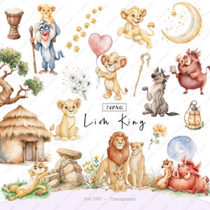 Puede incluir: Una colección de ilustraciones en acuarela con personajes de El Rey León, incluyendo un cachorro de león, leones adultos, un mandril, un jabalí, una suricata y una hiena, junto a una choza, una luna creciente y varios elementos florales.