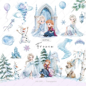 アナと雪の女王の水彩画キット、子供の誕生日パーティー、かわいい氷のプリンセスのクリップアートセット、氷の女王、冬の誕生日、保育園
