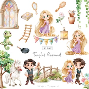 Puede incluir: Una colección digital de 83 ilustraciones PNG que incluye un personaje rubio de pelo largo con vestido morado, un personaje de pelo oscuro con chaleco, un camaleón verde, un caballo blanco, una ventana de piedra y un puente de madera.