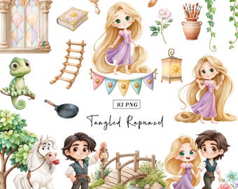 May include: A digital collection of 83 PNG illustrations featuring a blonde character with long hair in a purple dress, a dark-haired character in a vest, a green chameleon, a white horse, a stone window, a wooden bridge, and various accessories.
