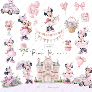 Pode incluir: Uma coleção digital de 79 ilustrações em aquarela apresentando a Minnie Mouse com roupas cor-de-rosa, um carro vintage rosa, balões, uma cesta de flores, um cupcake, uma mansão, uma bandeirola e laços, com o texto Pink Minnie 79PNG 300 DPI Transparent.