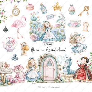 Akvarell Alice i Underlandet Clipart, Alice Adventures PNG Bundle, fantasy clipart Söt digital konst tebjudningsset