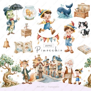 Set di clipart di Pinocchio ad acquerello, kit digitale di Pinocchio, fiaba con marionette di legno, adesivi stampabili, etichette e articoli di cartoleria a tema fiabesco.
