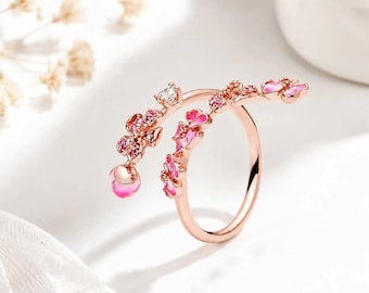 Anello con fiore di ciliegio in oro rosa, anello floreale con fiore di ciliegio rosa, gioielli ispirati alla natura, gioielli primaverili, regalo di compleanno per lei, regalo di anniversario