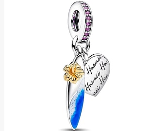 925 Sterling Silver Hawaii Surfboard Charm, Ocean Beach Pendant for Pandora Bracelet,Tropical Travel Charm,Summer Vacation Gift,Gift for Her