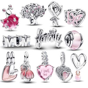 May include: A collection of silver charms with various designs, including hearts, floral patterns, and the words "MOM" and "Family." Some charms feature pink accents and the phrases "I Love You" and "Thank You Mom."