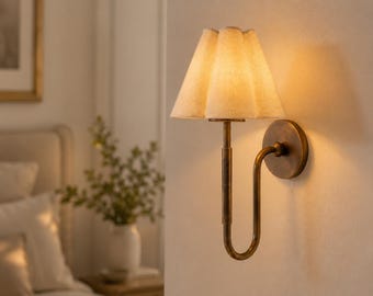 Handicraft mid Century Brass Wall Sconce,Antique Brass Wall Light,Fabric Shade Bedroom Lamp,Luxury Bedside Wall Sconce,Modern Vintage Light