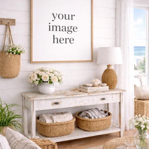 Maquete de sala de estar costeira | Maquete de arte de parede para casa de praia | Maquete de moldura para interiores | Cena com mesa de console rústica | Foto de banco de imagens estilizada