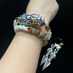 Genuine Snake Bone Bracelet with Tiger Eye Gemstones – Gothic Serpent Jewelry, Adjustable Wrap