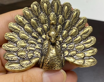 Solid Brass Peacock Sculpture Hand Carved Fan Tail Mini Desk Decor Lucky Home Gift Vintage Bird