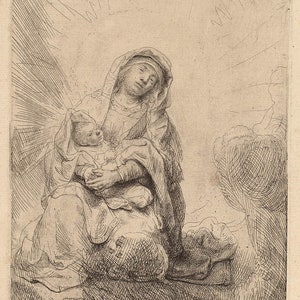 May include: A black and white etching of the Virgin Mary holding the baby Jesus. The image is set against a background of a bright light radiating from above.
