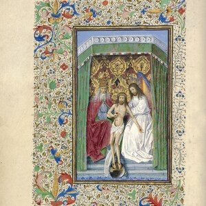 May include: An illuminated manuscript page from the medieval period, depicting the Trinity. God the Father, wearing a crown and a red robe, sits on a throne with a halo. God the Son, with a crown of thorns and wounds on his body, stands in front of God the Father. God the Holy Spirit, in the form of a dove, hovers above God the Son. The scene is framed by a decorative border of gold and blue.