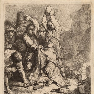 May include: A detailed etching depicts a dramatic scene of figures in a historical setting. A person is being held by several figures, with one raising a stone. The artwork is signed and dated.