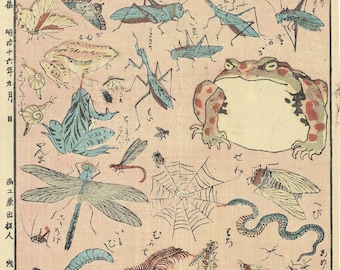 wasps Japanese Print Reproductions: Frogs snail dragonflies: Fine Art Print