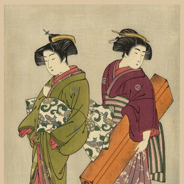 Japanese Print Reproduction . A Geisha and her Servant, c.1780. Fine Art Print