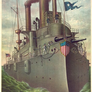 May include: A vintage illustration of the USS Olympia, Rear Admiral Dewey's flagship during the Spanish-American War. The ship is depicted in a side view, with its bow facing the viewer. The ship is painted in a dark gray color, with white accents. The ship's name, "Olympia", is visible on the bow. The ship is sailing through choppy waters, with whitecaps visible in the foreground. The image is surrounded by a white border.