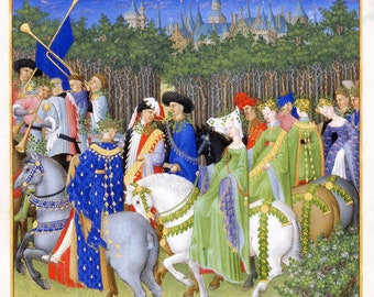 The Tres Riches Heures: The Very Rich Hours of Jean, Duke of Berry, c.1410, France. May (Mai). Illuminated Manuscript Reproduction