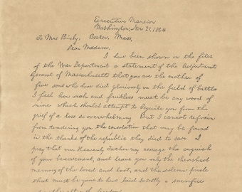 President Lincoln&#39;s Letter of Condolence to Mrs. Bixby. Civil War Reproduction. Fine Art Print