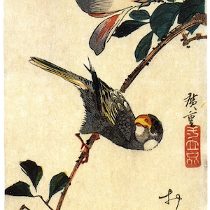 May include: A Japanese woodblock print showing a bird perched on a branch of a flowering tree. The bird is grey with a yellow beak and is facing to the right. The tree has white flowers and green leaves. The background is a light blue gradient.